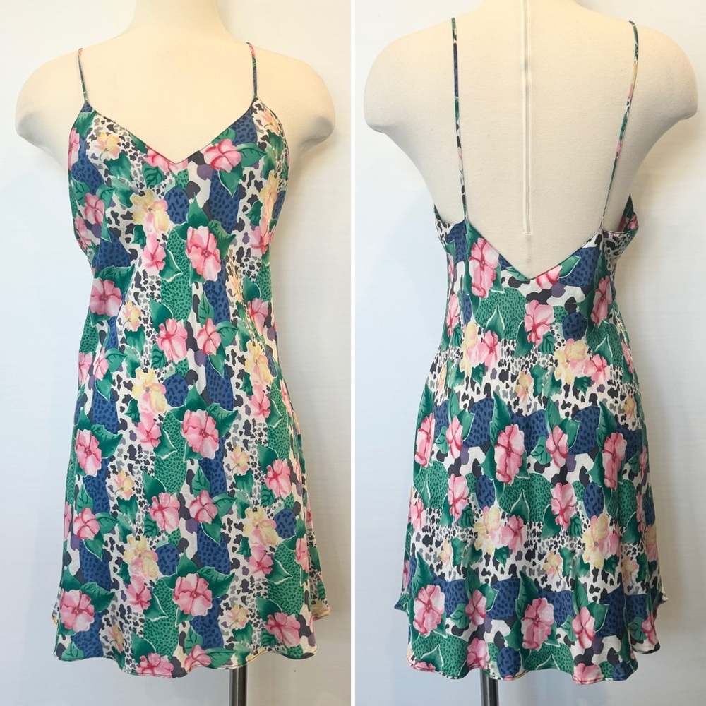 90s Victoria’s Secret Silk Floral Animal Print Gold Label Chemise Slip Dress